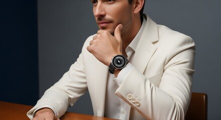 Refined man in smart business attire with a contemporary smartwatch, showcasing elegance and thoughtful presence in a professional environment