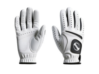 Two white leather golf gloves displayed separately, showing front and back views, isolated on white.