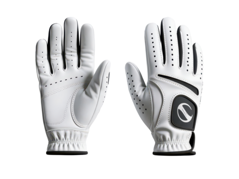 Two white leather golf gloves displayed separately, showing front and back views, isolated on white.