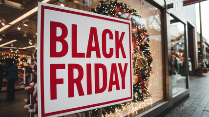 Black Friday sign in a shop window on Christmas Eve.