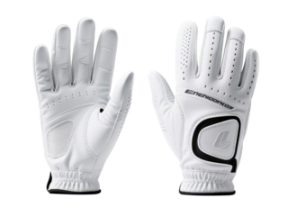Two white golf gloves, one open, the other showing the palm, isolated on white.