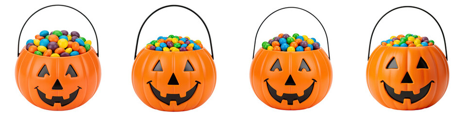 Halloween pumpkin bucket filled with candy, festive treat container for holiday celebration and trick or treat fun