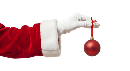 Santa Hand Holding Red Christmas Bauble Ornament Cut Out PNG.