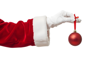 Santa Hand Holding Red Christmas Bauble Ornament Cut Out PNG.