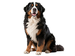 A beautiful Bernese Mountain Dog, sitting and looking directly at the viewer with a happy expression.