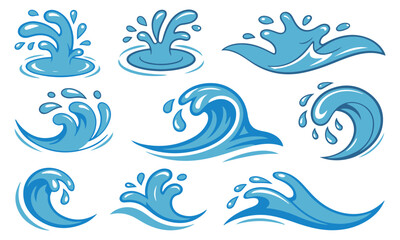 Water splash vector set, 20 designs of blue splash icons, wave graphics, liquid clipart, ocean elements, aquatic illustrations, wave patterns, fluid effects, clean design, dynamic visuals.