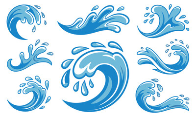 Water splash vector set, 20 designs of blue splash icons, wave graphics, liquid clipart, ocean elements, aquatic illustrations, wave patterns, fluid effects, clean design, dynamic visuals.