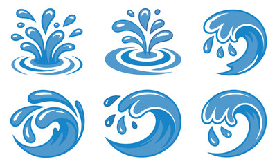 Water splash vector set, 20 designs of blue splash icons, wave graphics, liquid clipart, ocean elements, aquatic illustrations, wave patterns, fluid effects, clean design, dynamic visuals.