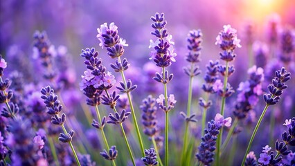 Obraz premium Vibrant purple lavender field bathed in warm golden sunlight close up