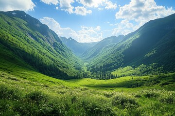 Obraz premium Green valley surrounded by mountains under blue sky