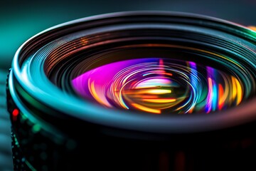 Close up of colorful reflections in a camera lens