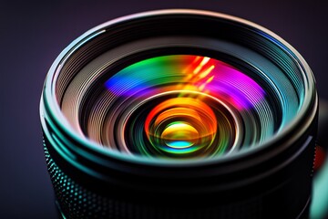Close up of colorful reflections in a camera lens
