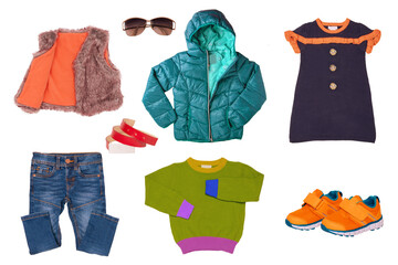 Collage set of little boys autumn clothes isolated. Denim trousers and jeans jacket, sneaker, a sweater, shirts, pants and hoody for child boy. Children's winter fashion.