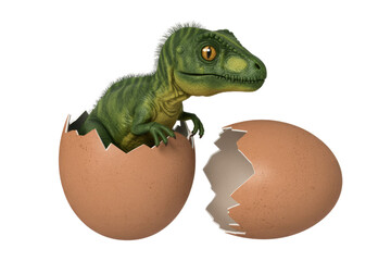 Adorable baby dinosaur hatching from a giant egg, 3D render. background removed