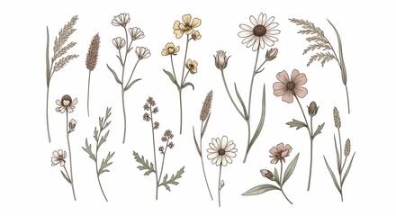 Delicate Watercolor Wildflowers and Dried Grasses Botanical Illustration Set for Rustic Designs