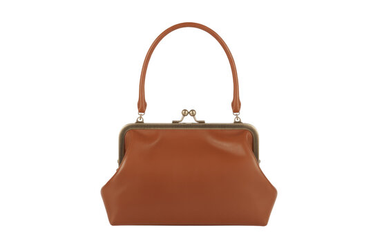 A tan leather handbag with a metal frame closure and top handle. background removed - Powered by Adobe