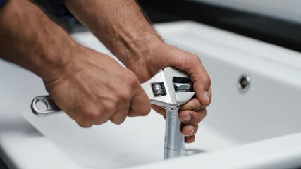 Plumber Repairing Sink Drain Pipe - Close-up view of a plumber's hands using an adjustable wrench to tighten a chrome sink drain pipe.