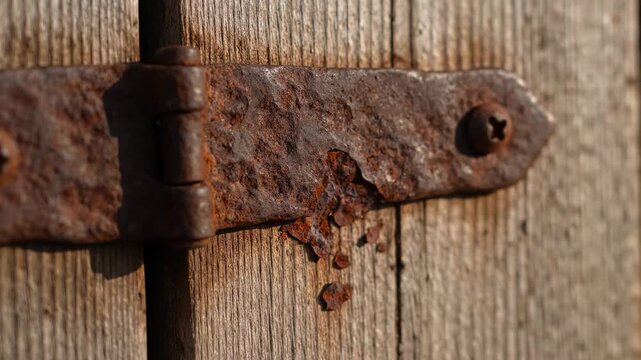 Rusty Hinge on Weathered Wood - Close-up shot of an old, rusty metal hinge attached to weathered gray wood.