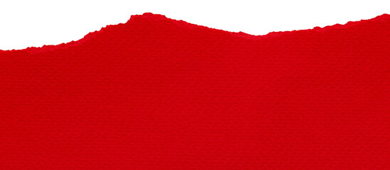 Isolated piece of scarlet red color paper with torn edge, textured scrap with copy space for collage