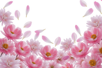 Obraz premium Pink flowers and petals falling on a transparent background, forming a beautiful floral frame. background removed