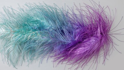 Fototapeta premium Iridescent blue and purple decorative feathers on light background for modern art and creative design concepts