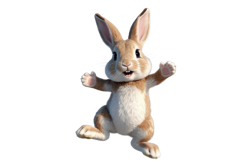 Adorable 3D rendered bunny rabbit, transparent background, cheerful expression, welcoming gesture. background removed
