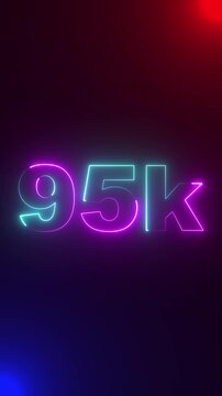 Thank you 95K followers. 95,000 followers realistic neon sign animation. Confetti celebrate party effects,  Achievement in 95K followers. 95K Subscribers Text animation.