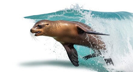 Obraz premium Sea lion jumping out of the water with a splash isolated on white background