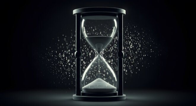 Elegant Hourglass on Dark Background with Digital Binary Numbers