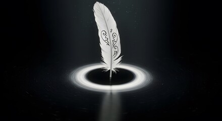Elegant White Feather with Decorative Details Standing in Circle of Light on Dark Background