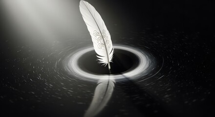 Elegant White Feather and Ripple Against Dark Background with Soft Lighting