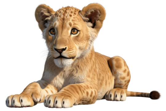 Adorable lion cub, lying down, transparent background, digital art. background removed