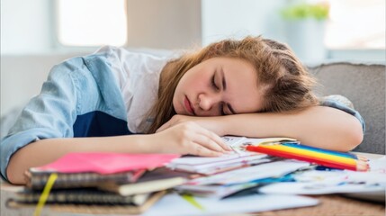 Student exhaustion sets in during late-night study session filled with scattered notes, vibrant supplies, and the persistent challenge of academic demands in a cozy and warm room