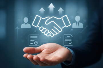 Fototapeta premium Business handshake icon with upward arrows and documents above open hand symbolizing agreement