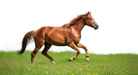Obraz premium A majestic brown horse is galloping freely across a lush green field isolated on white background