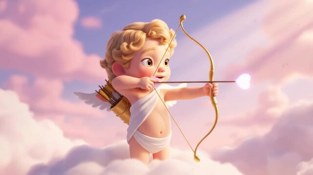 Cute Cupid Aims Arrow of Love - An adorable, 3D-video baby Cupid aims his bow and arrow, launching a glowing heart-shaped projectile against a soft pink and purple cloudy sky background.