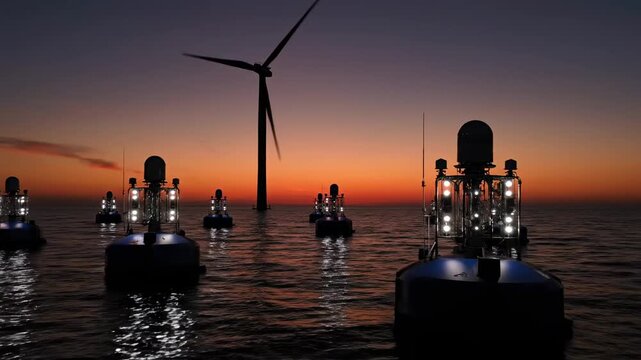 Offshore Wind Farm Monitoring at Dusk - Several automated marine monitoring buoys equipped with advanced sensors are deployed near an offshore wind turbine at sunset.