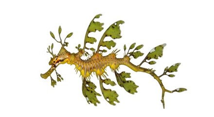 A leafy seadragon, a master of camouflage, gracefully swims through the ocean isolated on white background