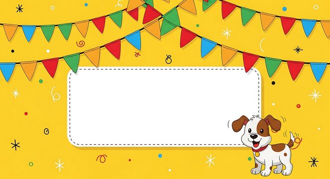 A cheerful yellow background with colorful flags, confetti, and a cartoon dog, creating a festive blank space for text or a message.