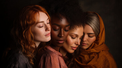 Portrait of diverse women embracing together, symbolizing unity, diversity, and empowerment