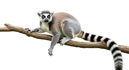 Fototapeta premium Ringtailed lemur resting on a branch isolated on white background, looking at the camera