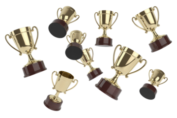 Multiple golden trophies with brown bases are falling against a transparent background. background removed