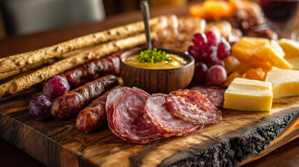 Rustic charcuterie board with assorted cured meats, cheese, grapes, breadsticks, and mustard dip &ndash; gourmet appetizer platter
