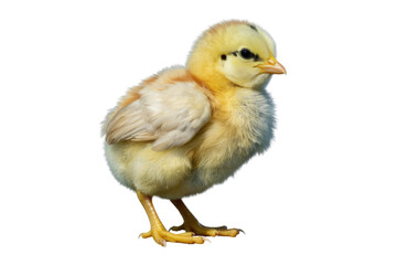 A fluffy yellow chick stands on a transparent background, its downy feathers and tiny legs visible. background removed
