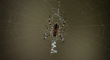 A detailed close-up of a spider centered within its intricate web, showcasing its intricate markings and delicate web design against a muted, neutral backdrop.