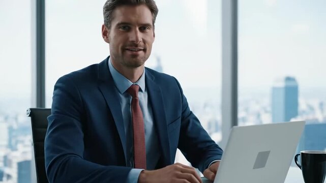 Businessman Sending Emails on Laptop - A focused businessman in a suit sits at a desk in a modern office, diligently working on his laptop.