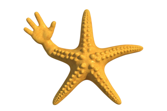 Cartoon starfish with a human hand waving hello on a transparent background. background removed