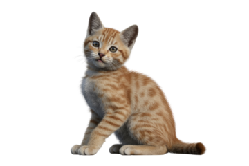 Adorable ginger kitten sitting on a transparent background, looking curiously. background removed