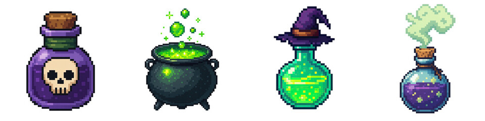 Halloween pixel art features spooky potion bottles and bubbling cauldron glowing with green magic in pixel style design