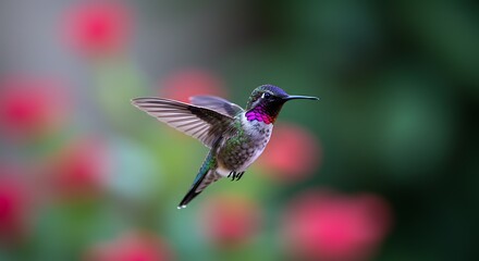 A vibrant hummingbird in flight, showcasing its iridescent plumage against a backdrop of out-of-focus pink and green blossoms.